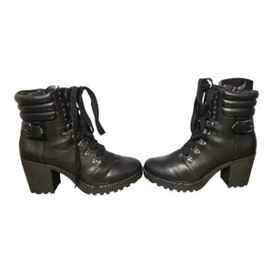 MIA Black Chunky Heel Faux Leather Lace Up Boots Womens 8.5